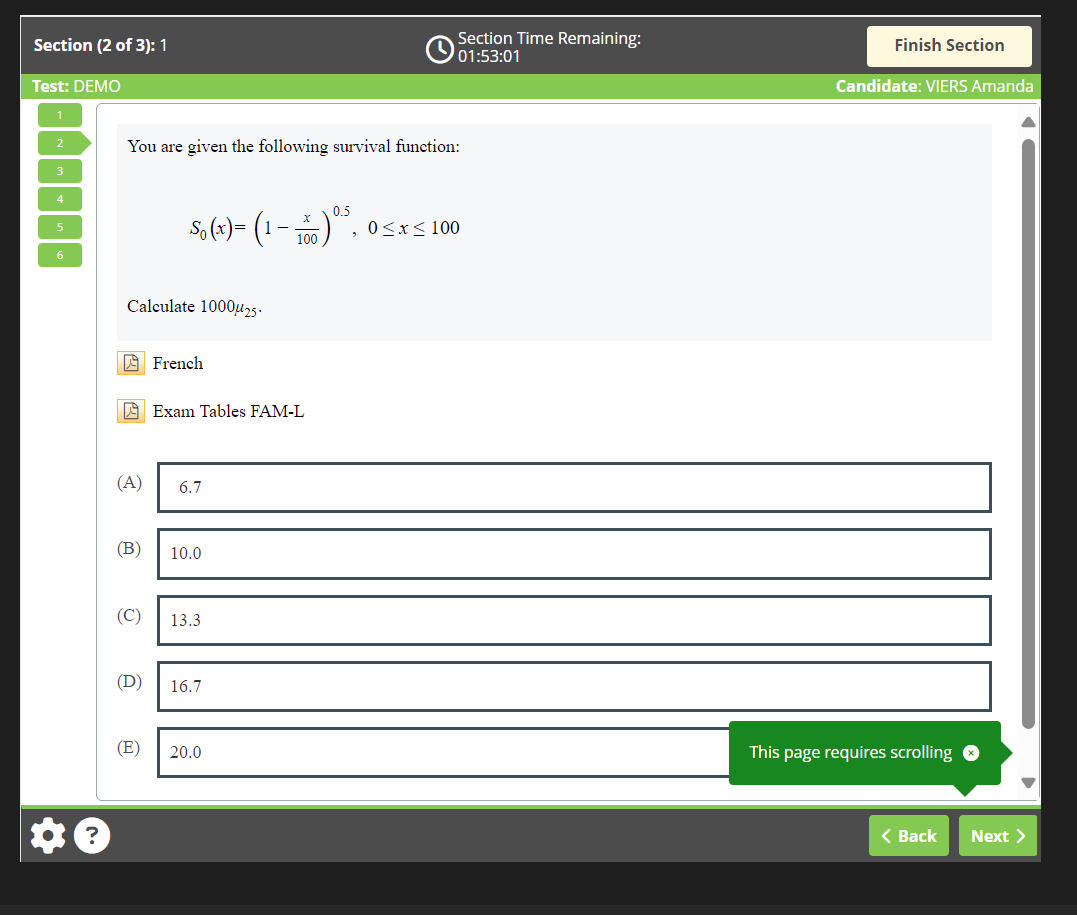 Screenshot of an example multiple-choice question, showing the "French" button below the question and above the answer choices.